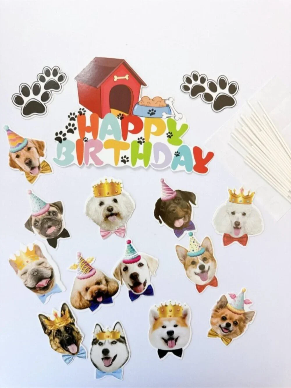 Dog Birthday Letter Banner & Cupcake Toppers Set – Pet Party Decorations